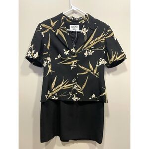 Vintage Kasper Black Hawaiian Floral Skirt Suit Women's Size 8